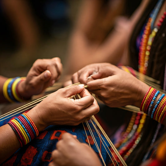 Mujeres indígenas mexicanas tejiendo a mano con hilos naturales, demostrando la rica tradición artesanal y cultural de México. Comercio justo, empoderamiento femenino, artesanía sostenible.
