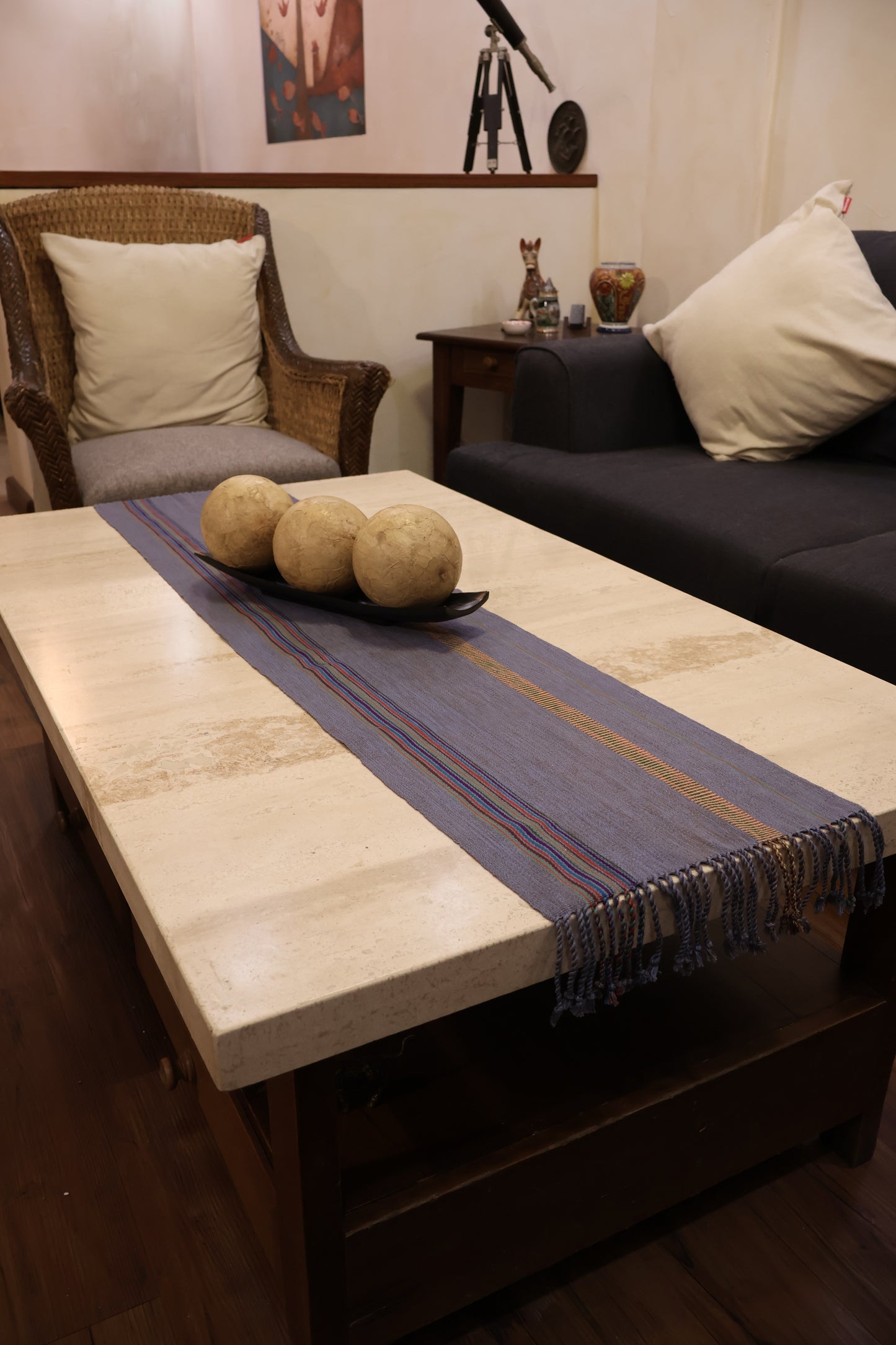 BLUE TABLE RUNNER WITH COLORFUL STRIPES