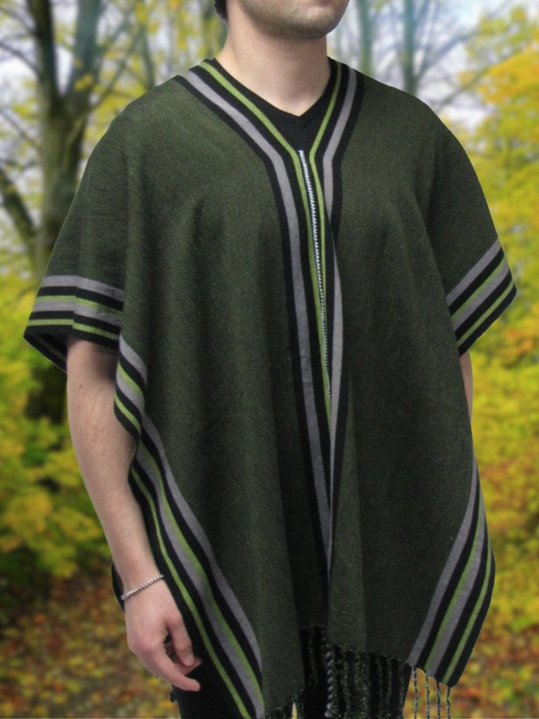 GREEN PONCHO WITH BLACK AND GREY EDGE