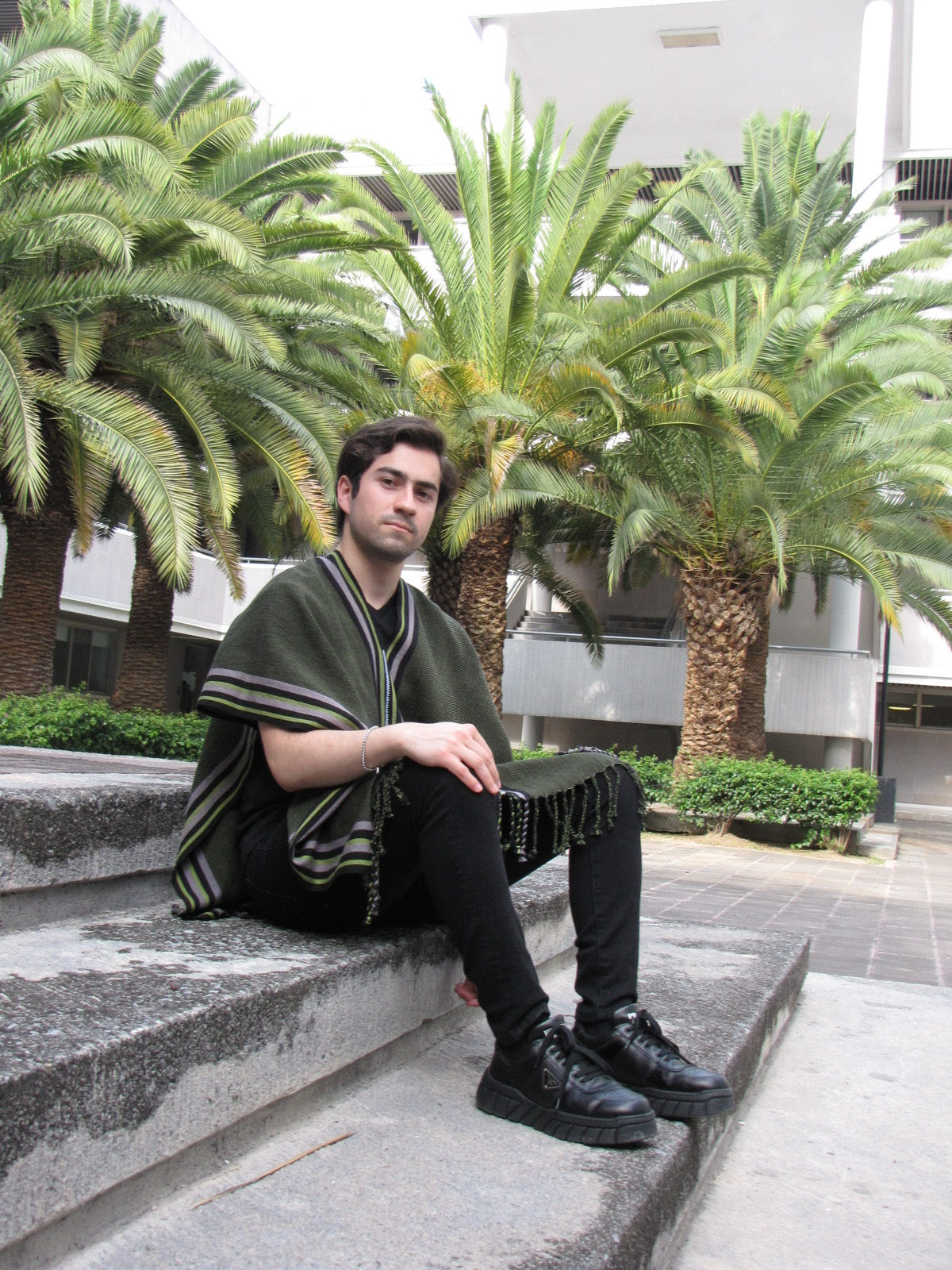 GREEN PONCHO WITH BLACK AND GREY EDGE