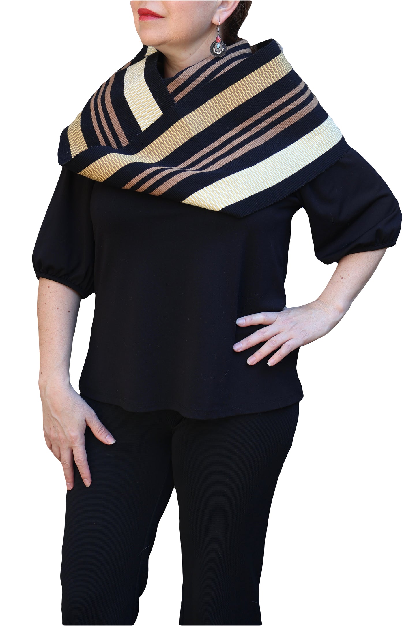 BLACK SCARF WITH BEIGE STRIPES