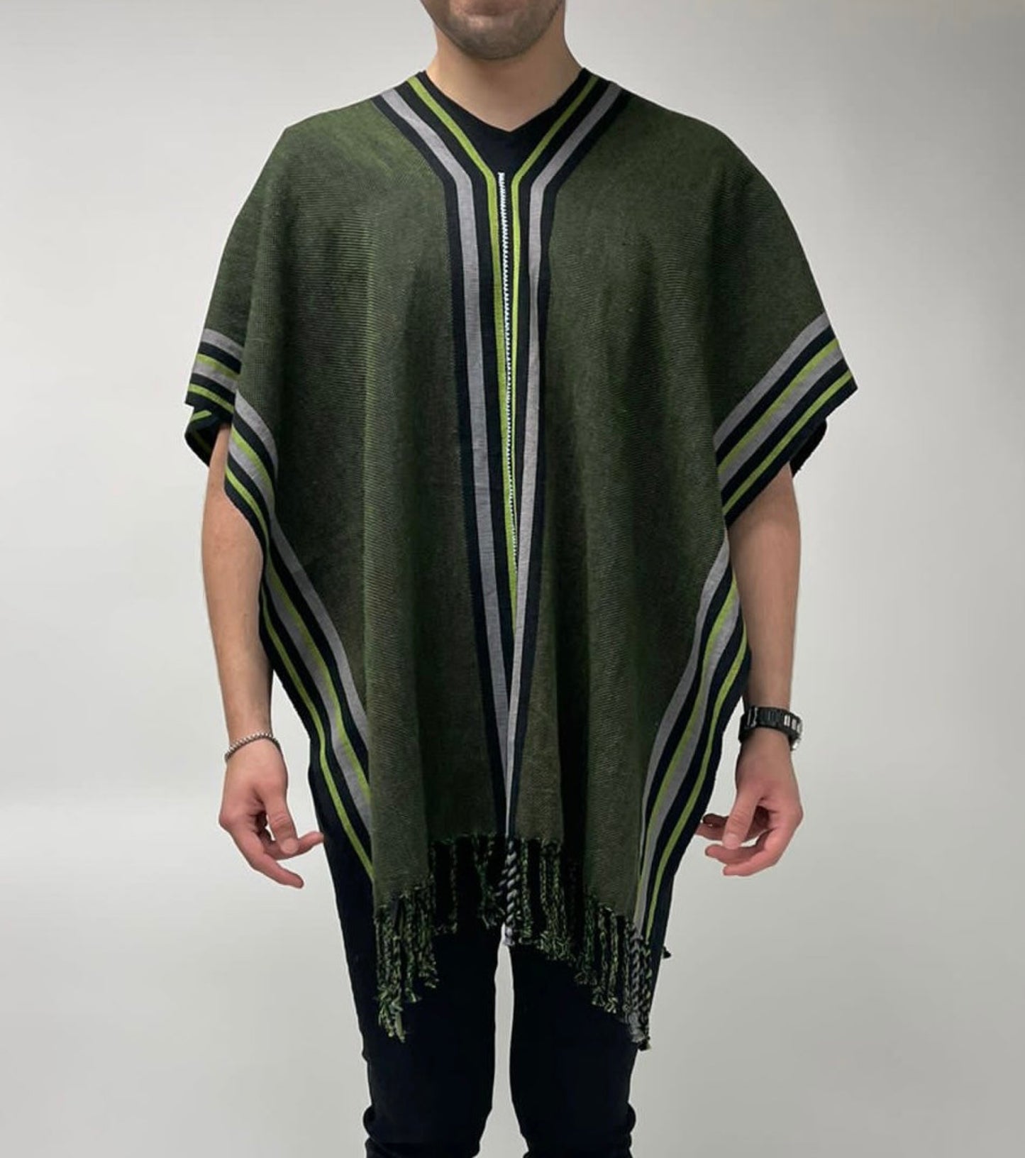 GREEN PONCHO WITH BLACK AND GREY EDGE