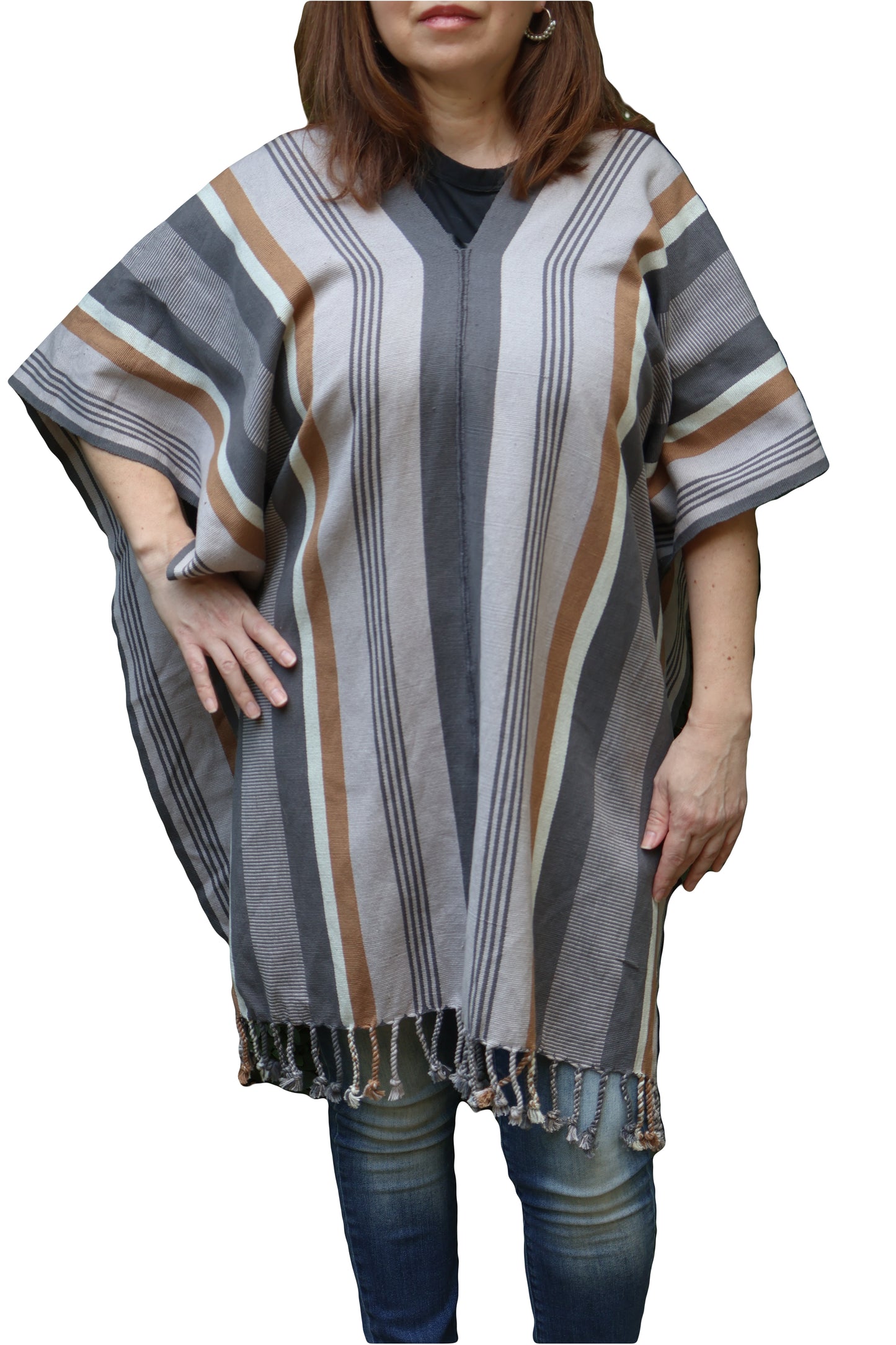 WHITE PONCHO WITH BLACK AND GOLD