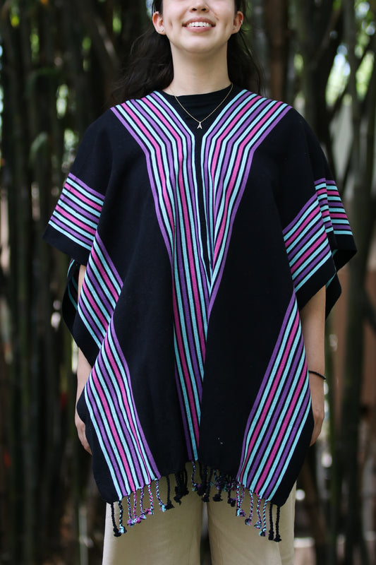 BLACK PONCHO WITH PURPLE STRIPES