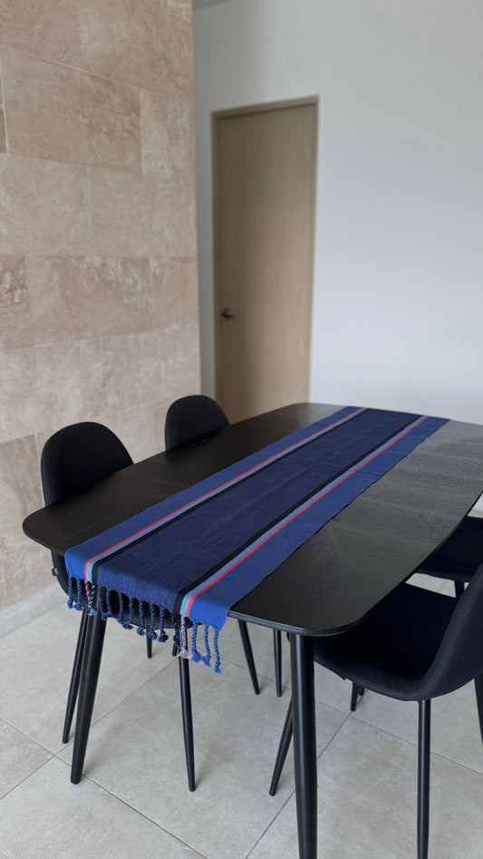 BLUE TABLE RUNNER WITH BLACK STRIPES