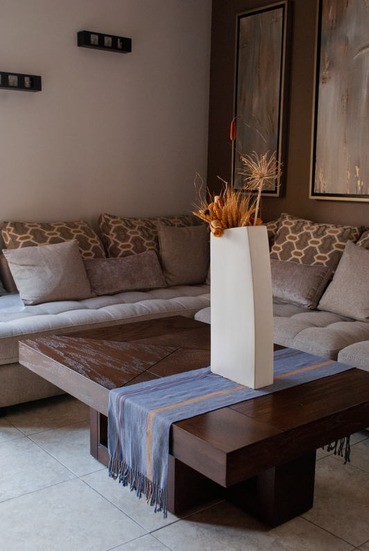 BLUE TABLE RUNNER WITH COLORFUL STRIPES