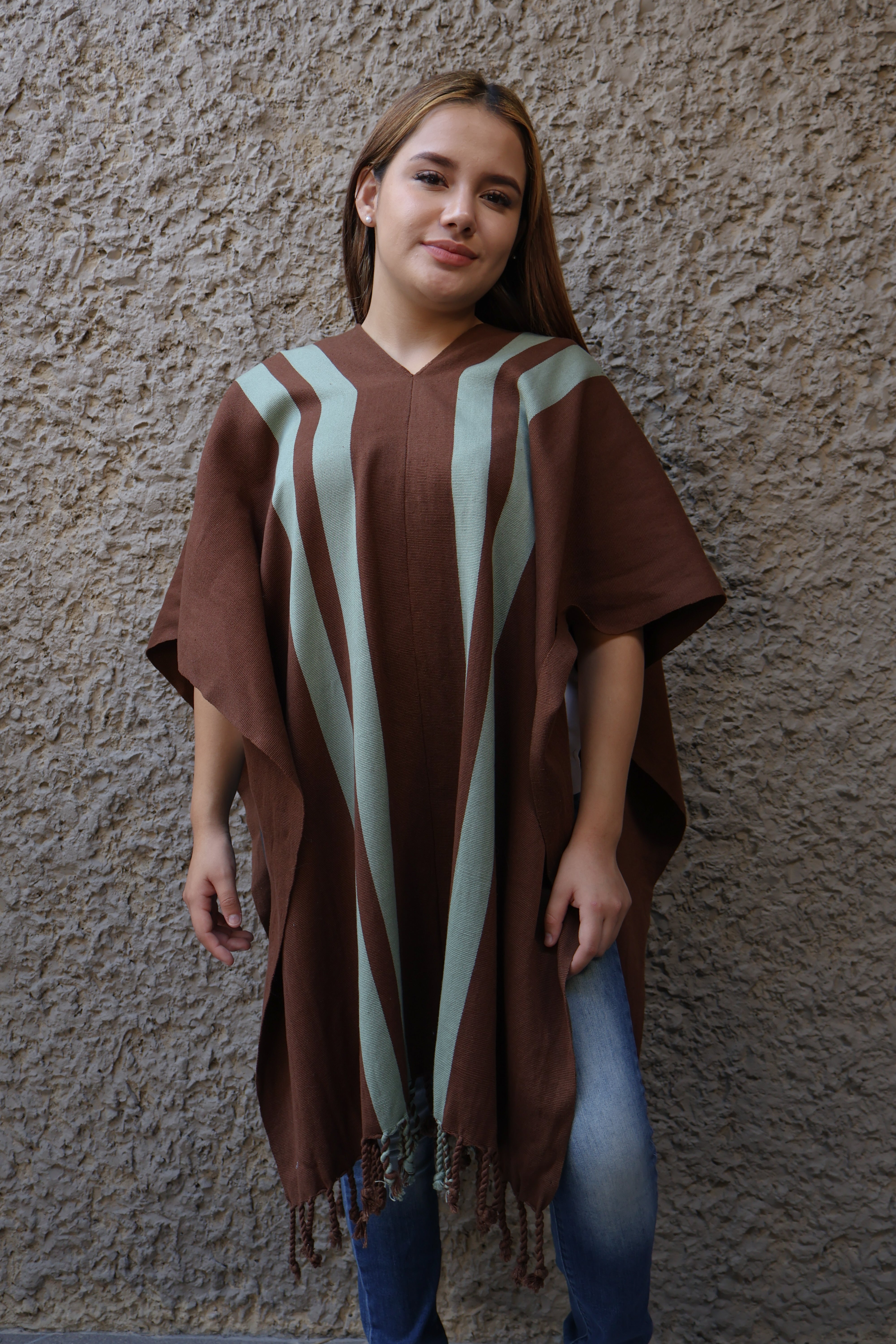 COFFEE PONCHO WITH GREEN STRIPES