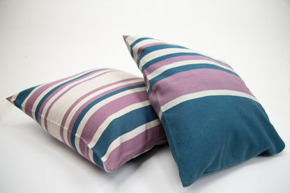 BLUE CUSHION COVER WITH PINK AND WHITE STRIPES
