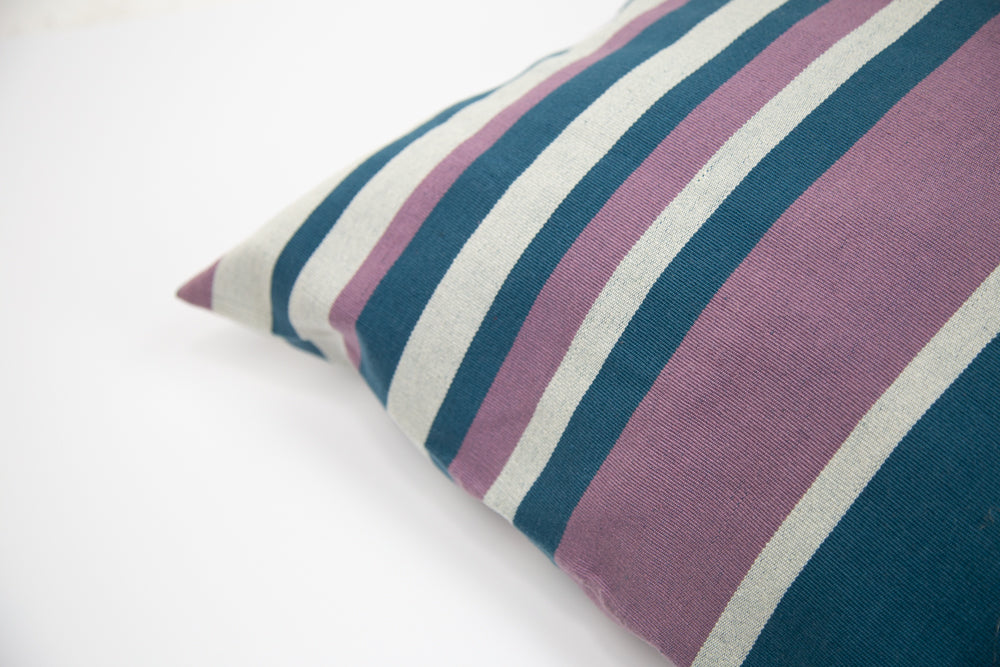 BLUE CUSHION COVER WITH PINK AND WHITE STRIPES