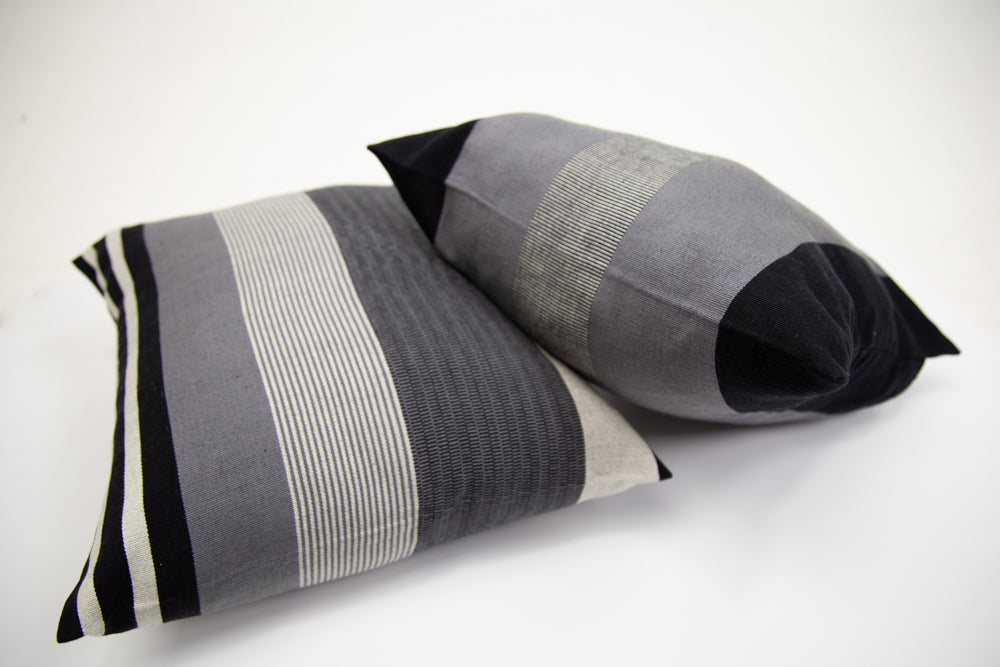 CUSHION COVERS: WHITE WITH GREY STRIPES AND GREY WITH BLACK STRIPES