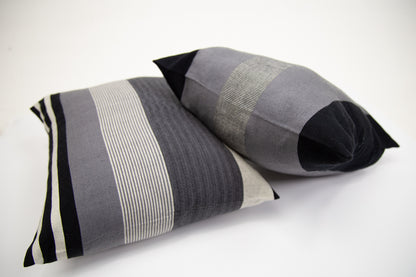 CUSHION COVERS: WHITE WITH GREY STRIPES AND GREY WITH BLACK STRIPES