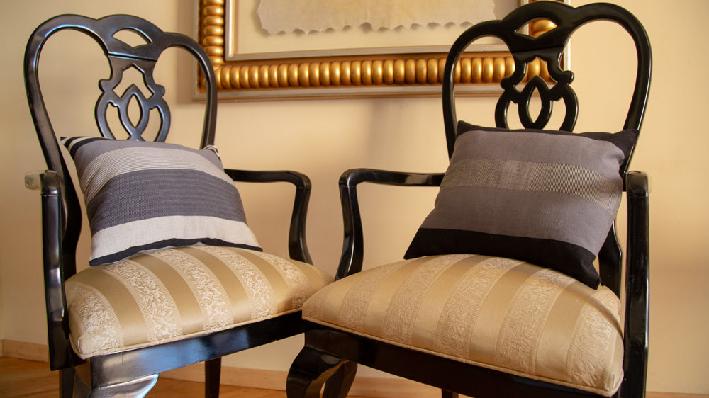 CUSHION COVERS: WHITE WITH GREY STRIPES AND GREY WITH BLACK STRIPES